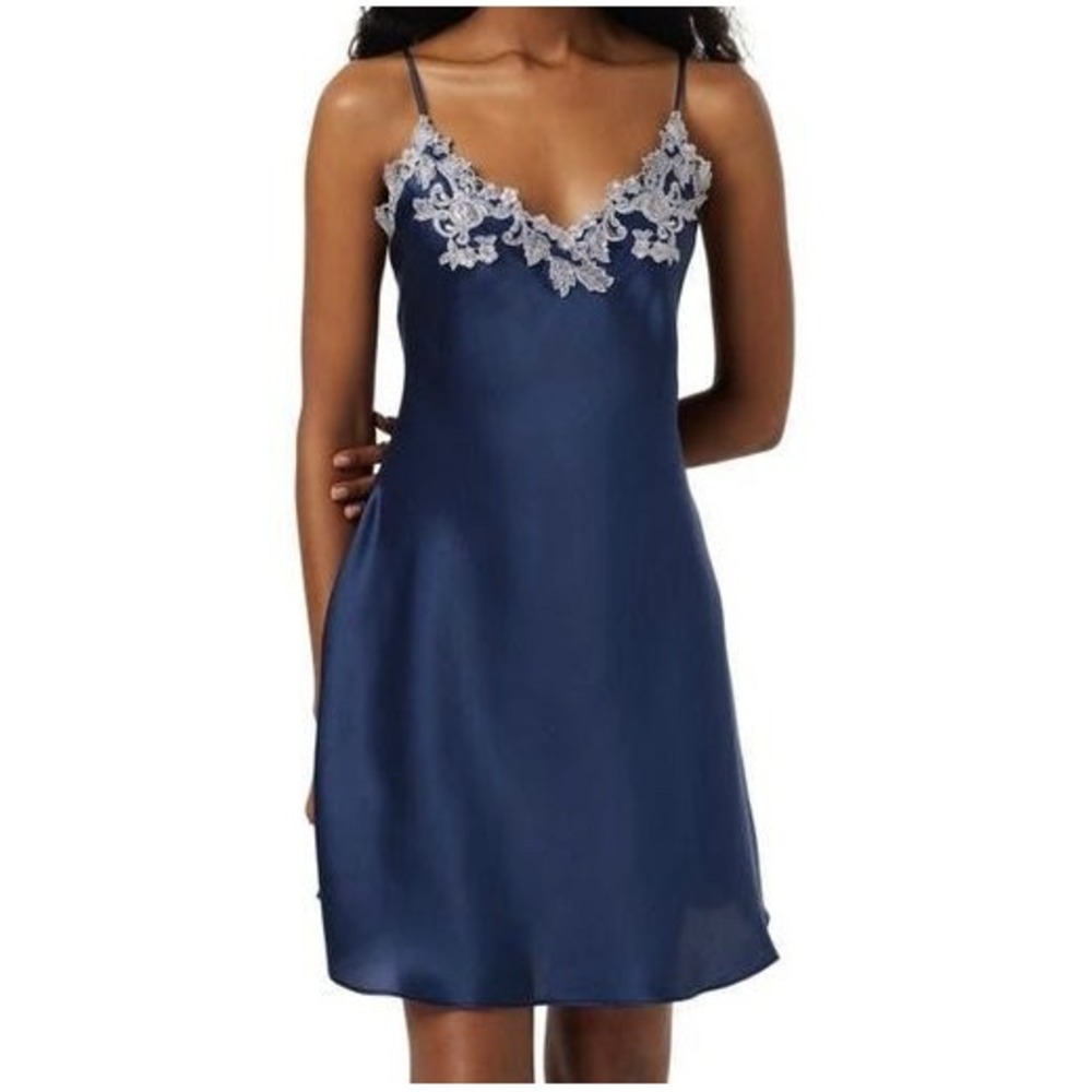 Silksilky Navy Blue 100% Silk Lace Trim Chemise Nightgown